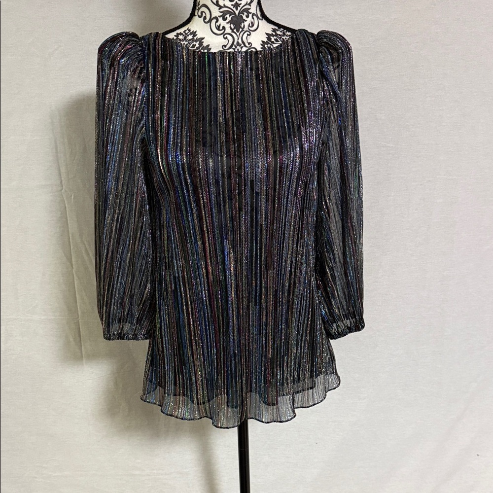Trina Turk XS Sparkly Gold Metallic Multicolor Striped Blouse with Puff Sleeves